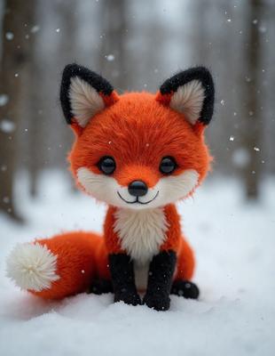 The primary subject of the image is a small, cute, and fuzzy red fox toy. It is sitting in the snow, surrounded by a white snowy background. The visual style of the image is a photo, capturing the details of the toy and the snowy environment. The colors and mood of the image are predominantly white and snowy, creating a cold and wintry atmosphere.
